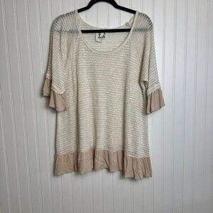 PPLA knit scoop neck top ruffle trim 3/4 sleeve tunic size medium B10
